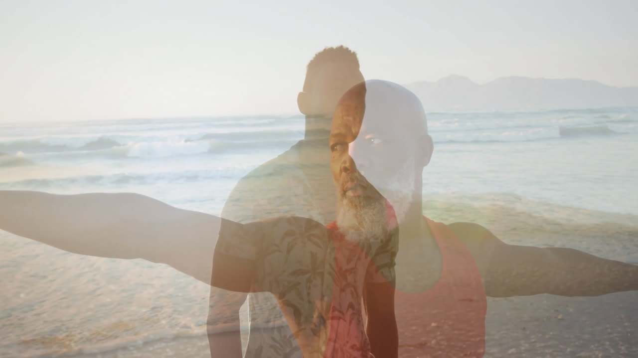 father and son standing on sandy beach, showing health theme with animated heart icon and chart