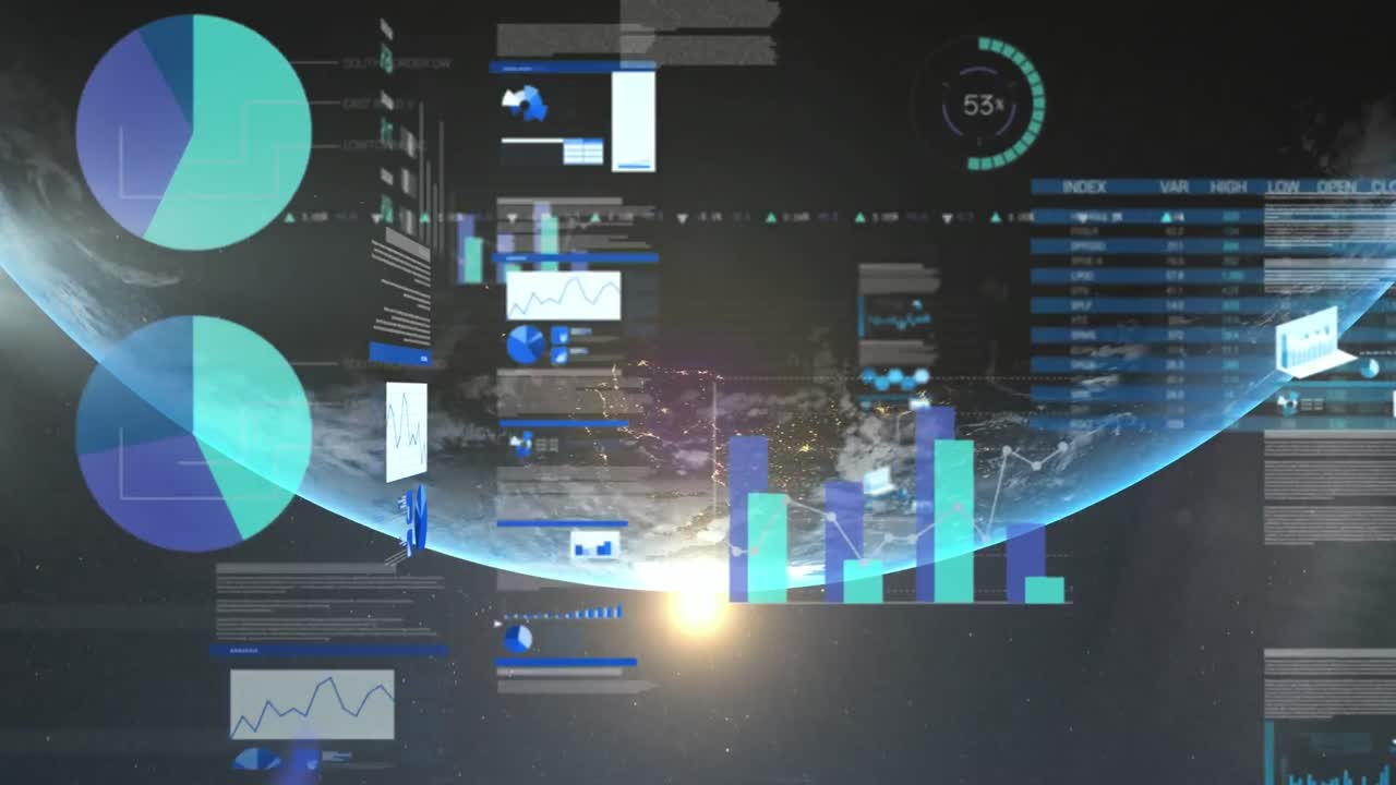 Animation of multicolored infographic interface with trading board over lens flare and globe