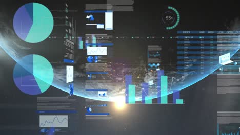 Animation-of-multicolored-infographic-interface-with-trading-board-over-lens-flare-and-globe