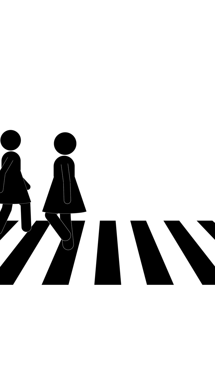 Black female stick figures walk across a striped crosswalk on a plain white background