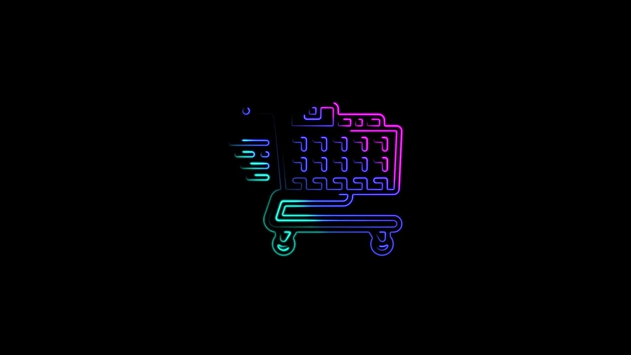 icono de carrito de compras para comestibles abstracto animación sin costuras de líneas de neón 4k. hermosa animación de líneas de neon multicolores 4k video.