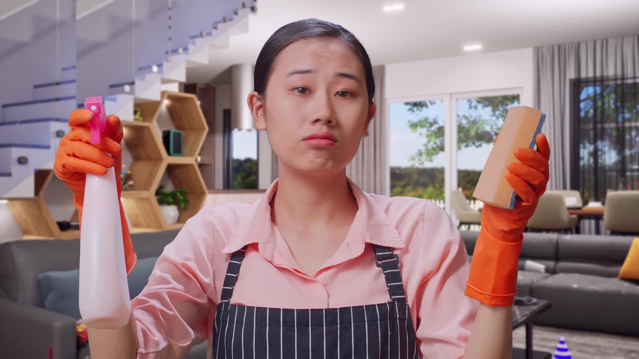 Cleaning lady looking unhappy with cleaning supplies