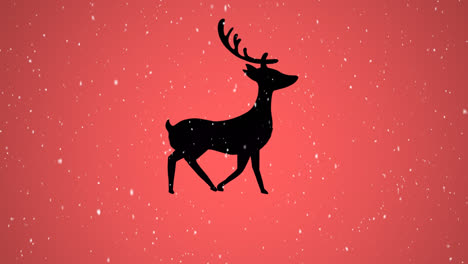 animación de nieve cayendo sobre renos de navidad sobre fondo rojo