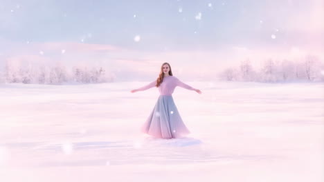 a woman in a pink dress in a winter wonderland
