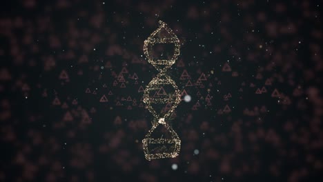 representación abstracta de una molécula de adn digital de partículas doradas que giran sobre oscuridades llenas de triángulos relucientes.