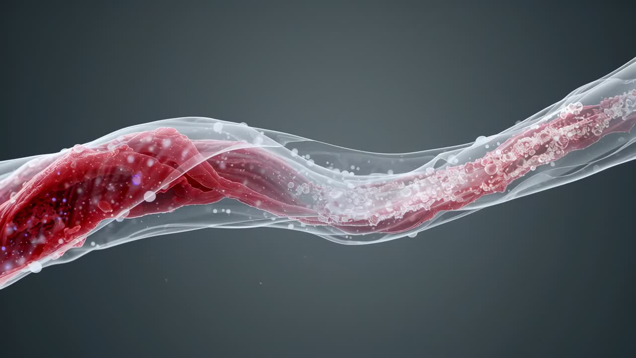 Gaine blanche avancée glissant de la gauche sur le noyau tubulaire torsadé dans un studio CGI, recouvrant le noyau rouge