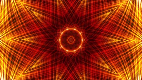 4k formas poligonales transformación y metamorfosis rotación simétrica caleidoscópica de patrón hipnótico geométrico amarillo y naranja moviéndose sobre fondo negro.