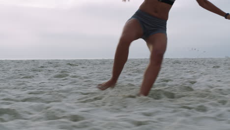 fitness, woman and running on beach