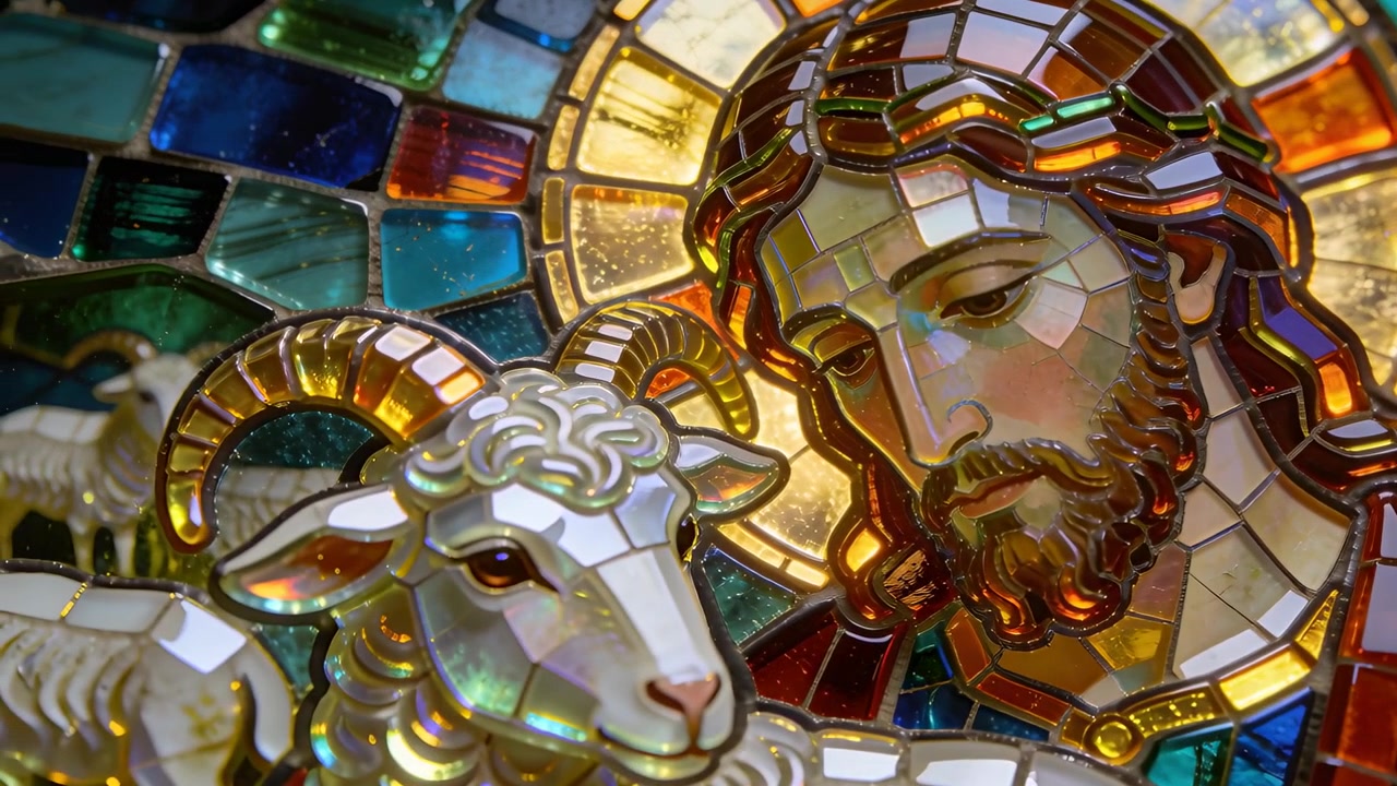 Telecamera che scorre si avvicina a un mosaico in chiesa, mostrando un pastore in veste, agnello, alone scintillante per i dettagli