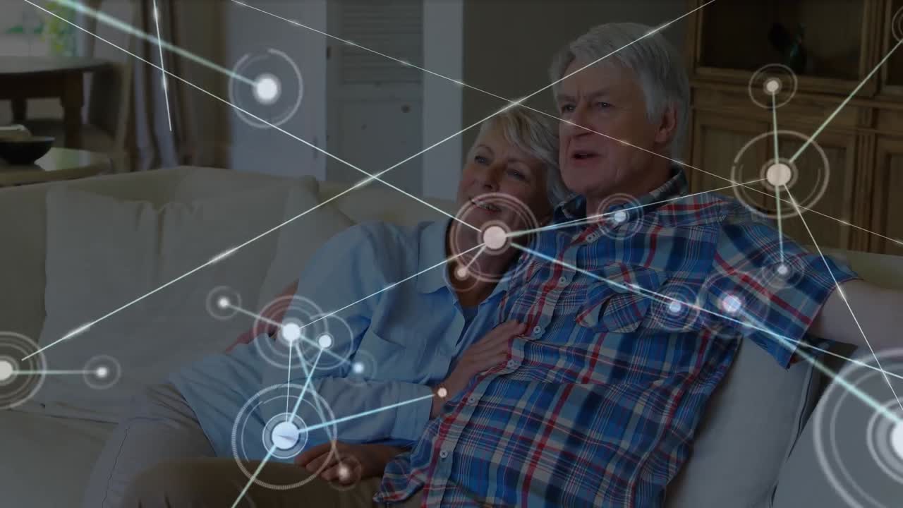 Animazione di una rete di connessioni su una coppia anziana caucasica.