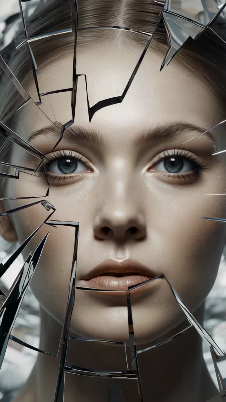 Vertical video: Blinking model's face closing then opening eyes in studio from glare, cracked glass