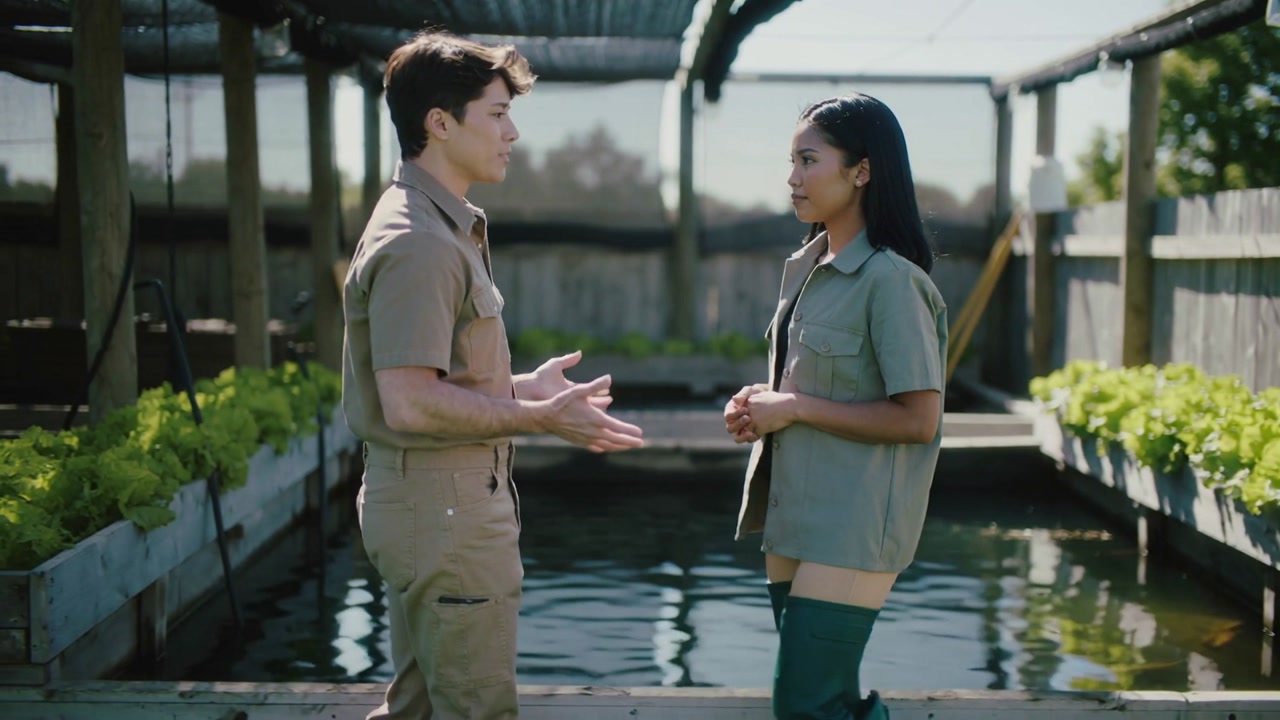 Starting chat, khaki man gesturing while woman in waders nodding on plank above pond, planning crop