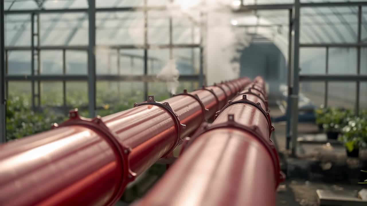 Rohrsystem startet, pumpt Nebel aus roten Rohren im Gewächshaus zur Pflanzenbefeuchtung, Düsen sichtbar.