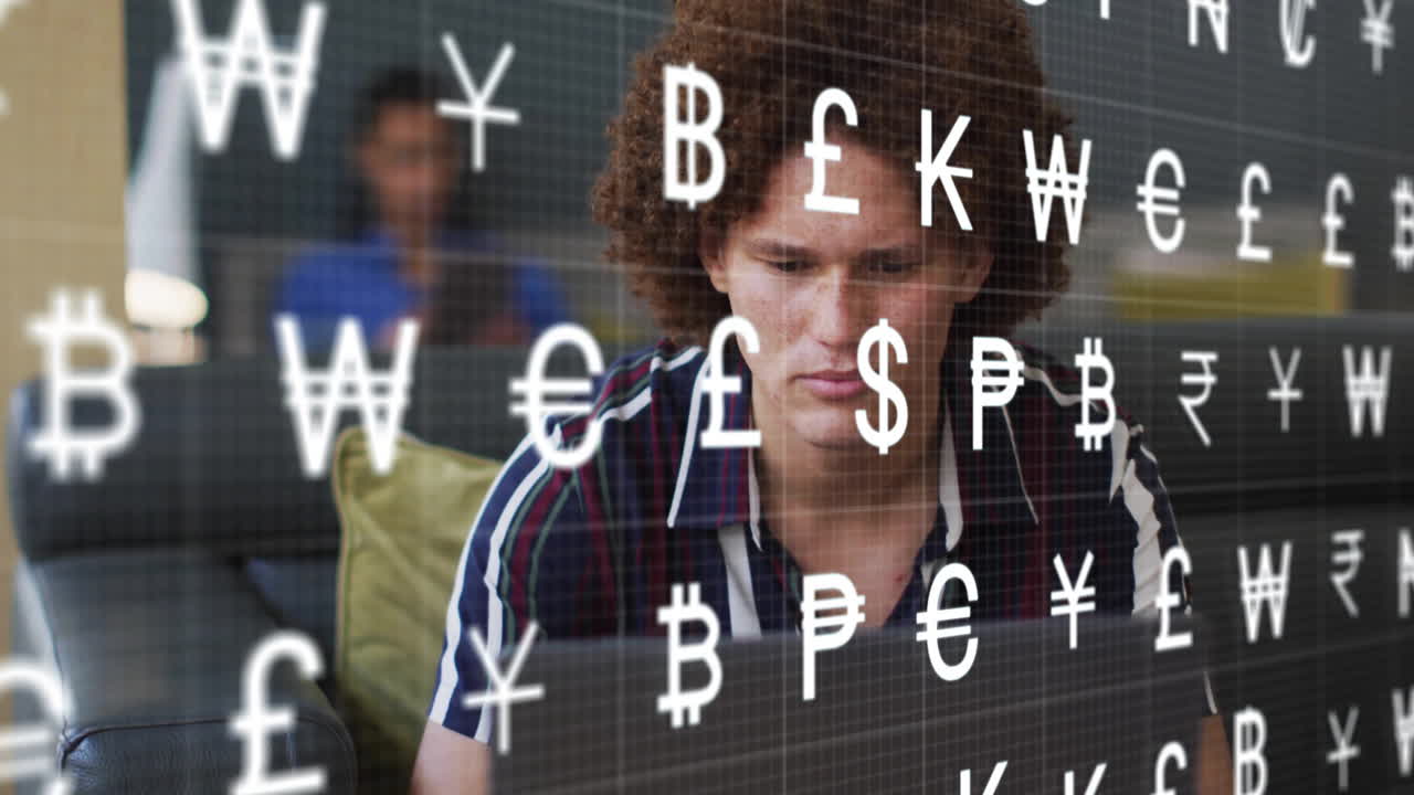 Animation of currency symbols and data processing over biracial businessman in office