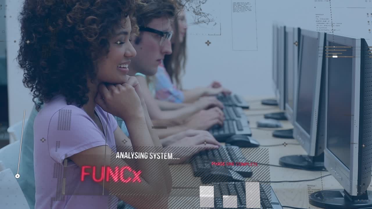 Animation of data processing over businesswomen using phone headsets