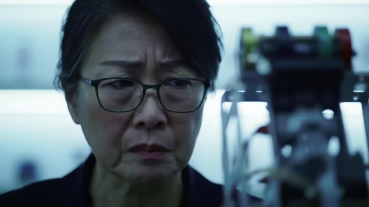 An Intense Focus: A Woman Analyzes a Robotic Device in a Dimly Lit Laboratory, Exploring Technology's Intricacies and Ethical Implications