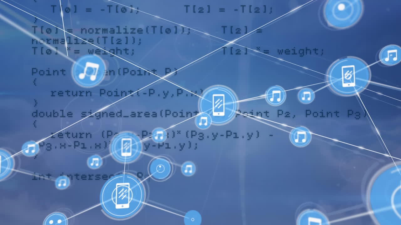 Animation of network of connections with icons over data processing on blue background