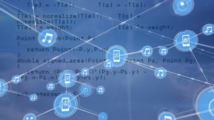 Animation of network of connections with icons over data processing on blue background