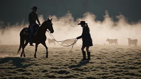 cowboys and cowgirls in a misty morning