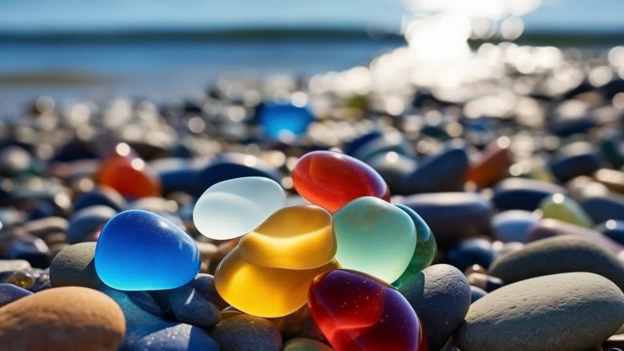 Ocean waves crashing against multicolored stones, sunlight sparkling on water surface, revealing coastal landscape's dynamic natural beauty and peaceful shoreline environment