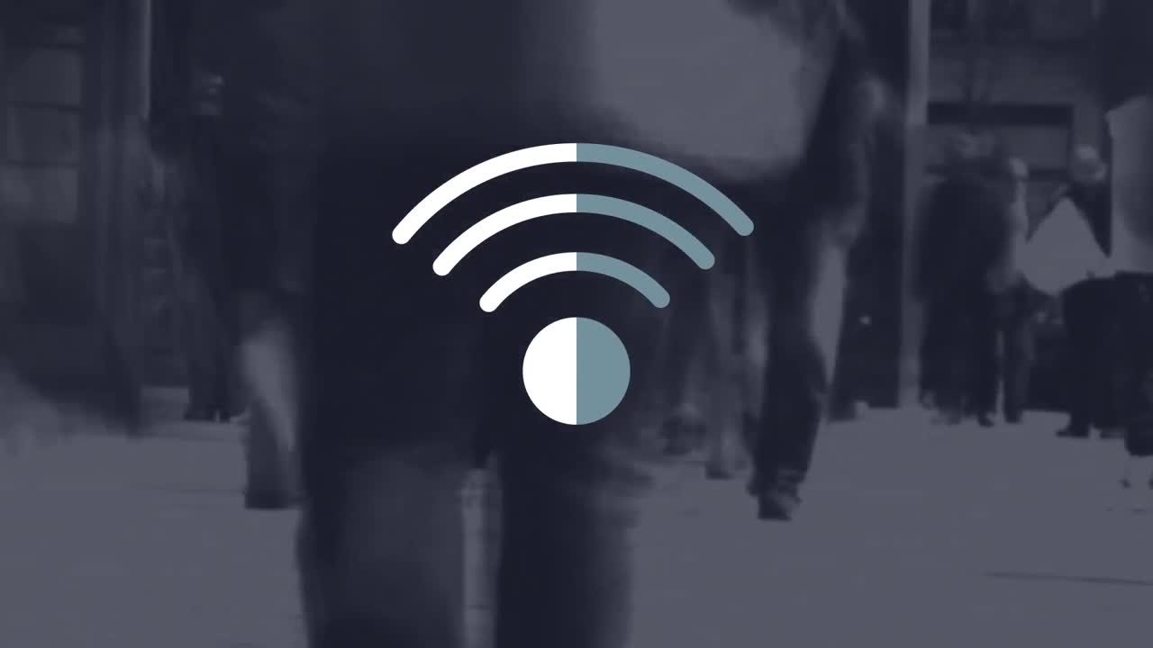 animación del icono digital wifi flotando sobre los peatones en la calle de la ciudad