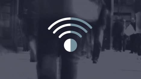 animation of wifi digital icon floating over pedestrians in city street