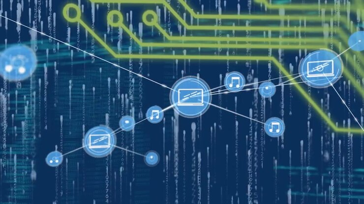Animation af et netværk af forbindelser med ikoner over et computerkredsløbskort og databehandling
