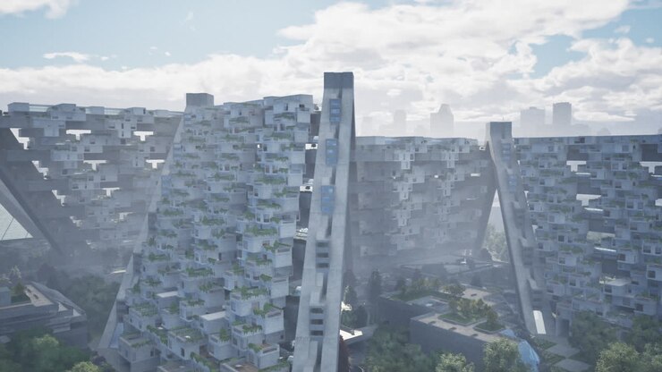Paisaje urbano futurista con altos rascacielos