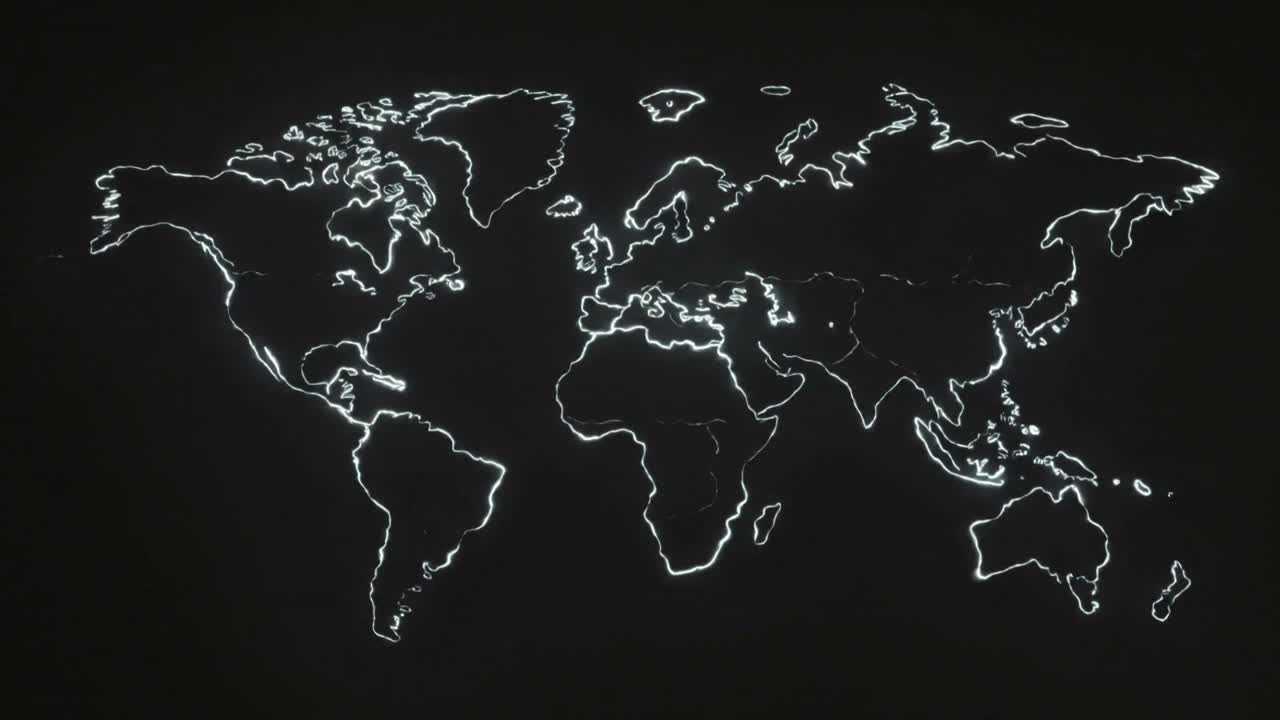 Playing neon world map outline brightening and pulsing on dark wall, creating traveling wave