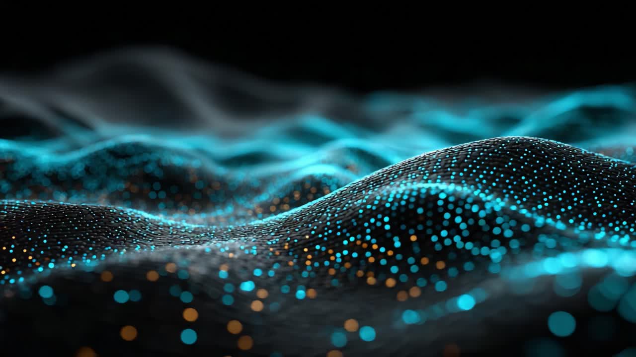 A Stunning Visualization of a Particle-filled Wave Landscape Emphasizing Vibrant Lights and Depths, Capturing a Unique Blend of Colors in Dynamic Motion