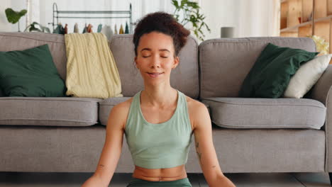 yoga, zen and woman on living room floor to relax