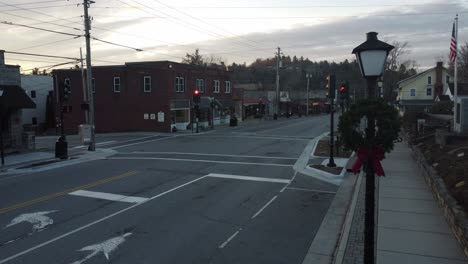 Downtown-Aerial-of-Christmas-time-in-Blowing-Rock,-NC