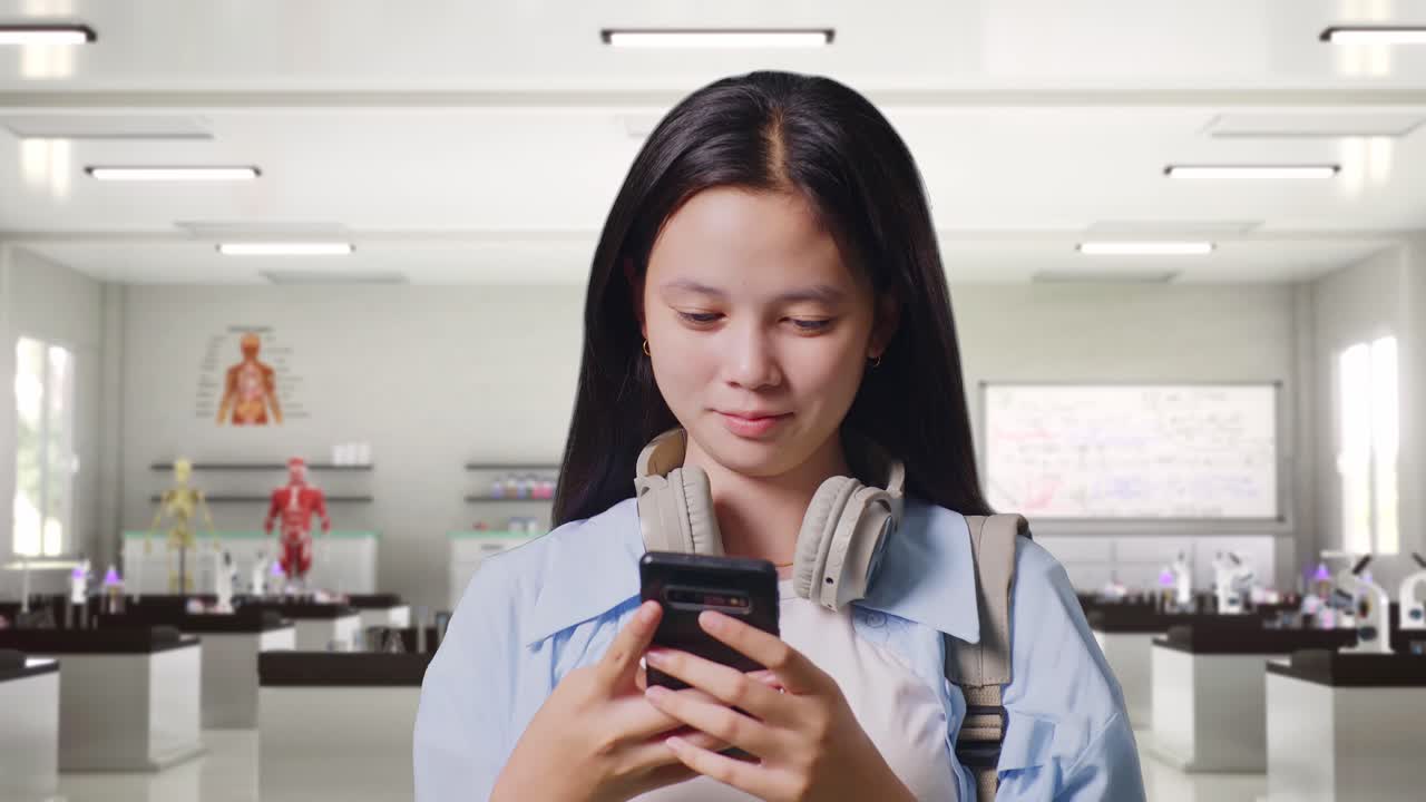 과학 실험실에 서서 스마트폰을 사용하면서 웃는 배을 들고 있는 아시아 십대 소녀 학생의 근접 사진