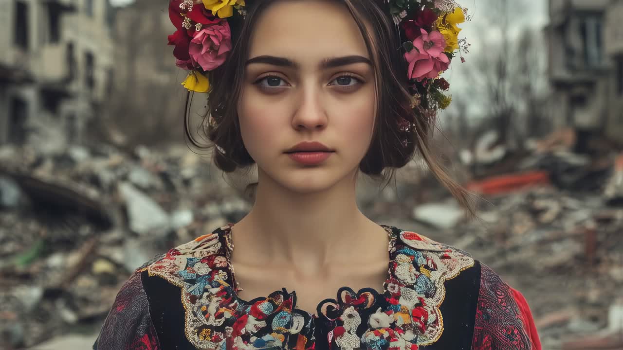 Sad Ukrainian woman wearing traditional embroidered dress and floral wreath standing amid war devastated city ruins, embodying cultural resilience and personal grief