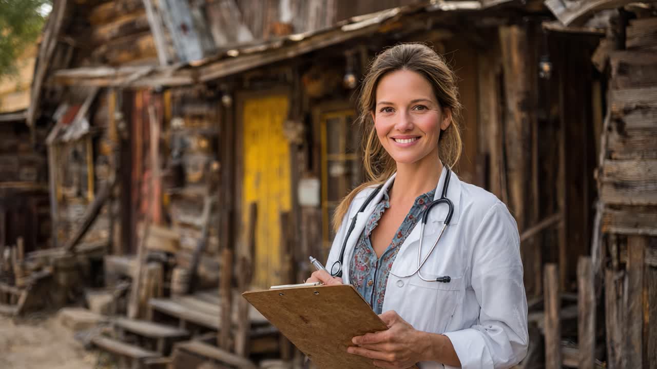 A smiling healthcare professional stands outside an old rustic cabin, holding a clipboard and wearing a stethoscope, ready to tend to patients in a rural environment
