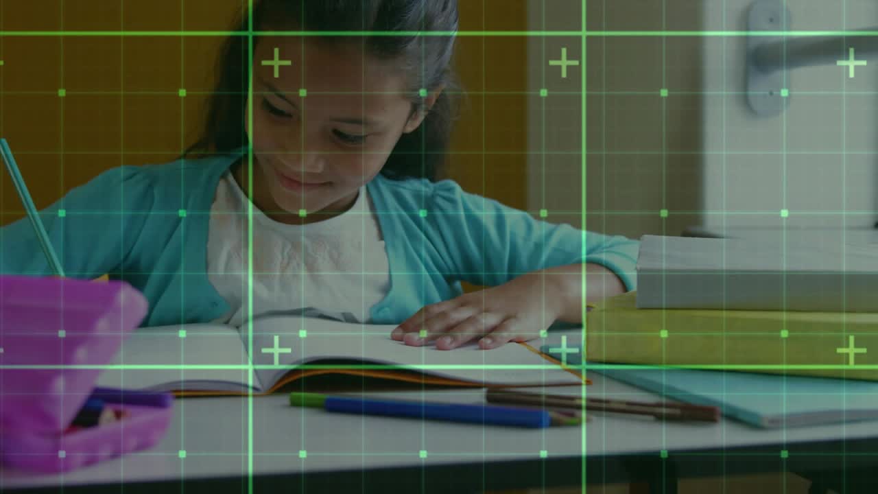 Child reading workbook grabbing pencil from pink case and solving assignment in classroom