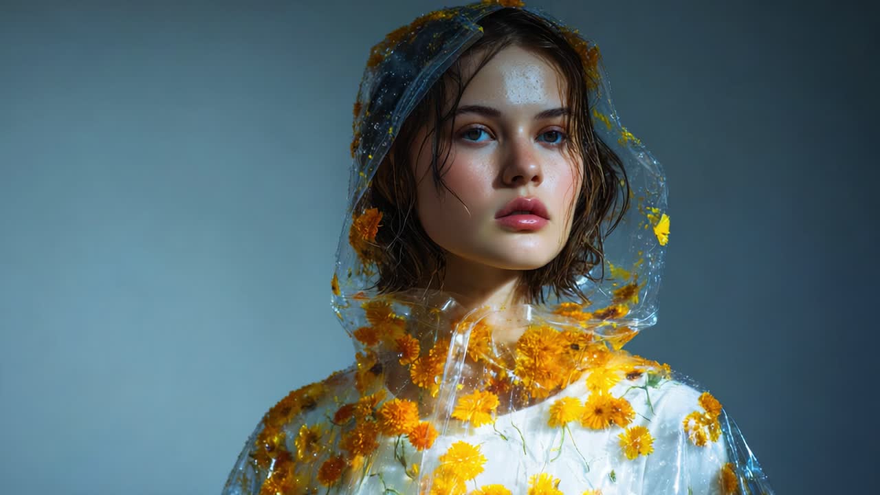 A Captivating Portrait of a Young Woman Embraced by Nature, Dressed in a Transparent Raincoat Adorned with Vibrant Yellow Flowers, Evoking a Sense of Beauty, Freshness, and Resilience Amidst Urban Settings