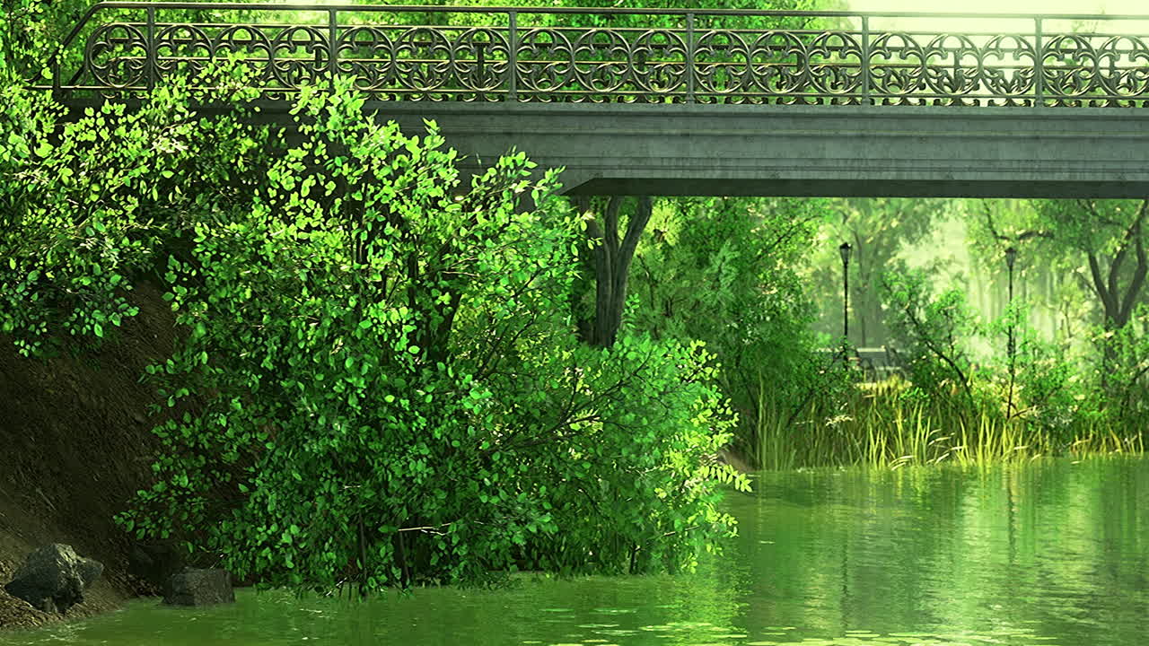 Lush green park scene with a charming bridge and serene water reflections