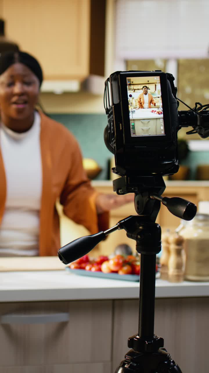 Vertical Video African american influencer, cooking video, recipe at home, behind the scenes