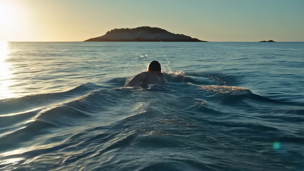 A person swimming in the ocean towards an island at sunset