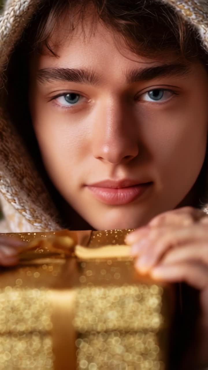 Un jeune homme en gros plan, vêtu d’un sweat à capuche confortable, tenant une boîte cadeau dorée scintillante tout en regardant intensément, capture un moment d’anticipation et de joie, parfait pour les célébrations et les fêtes.