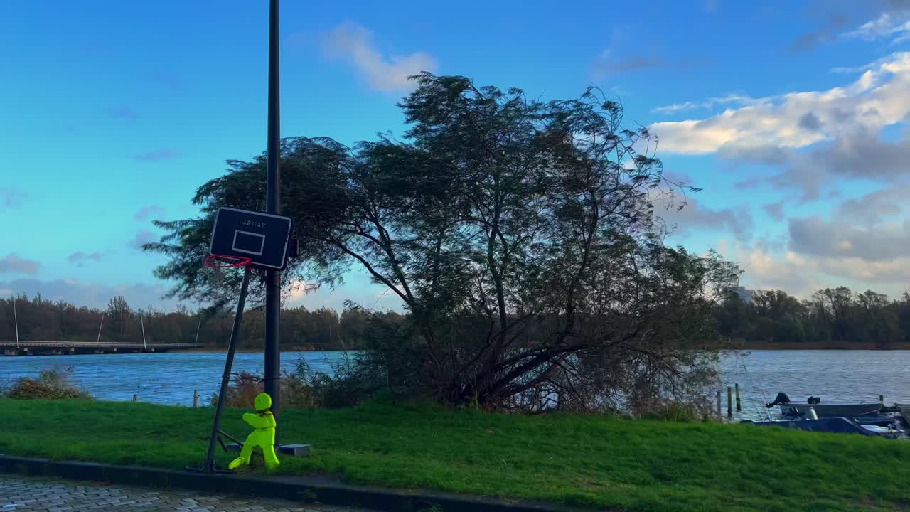 폭풍의 바람은 물가에 있는 나무를 통해 강력하게 불고 있습니다.