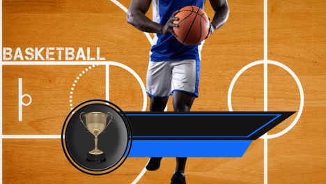 animation of trophy and empty banner over male player on basketball court