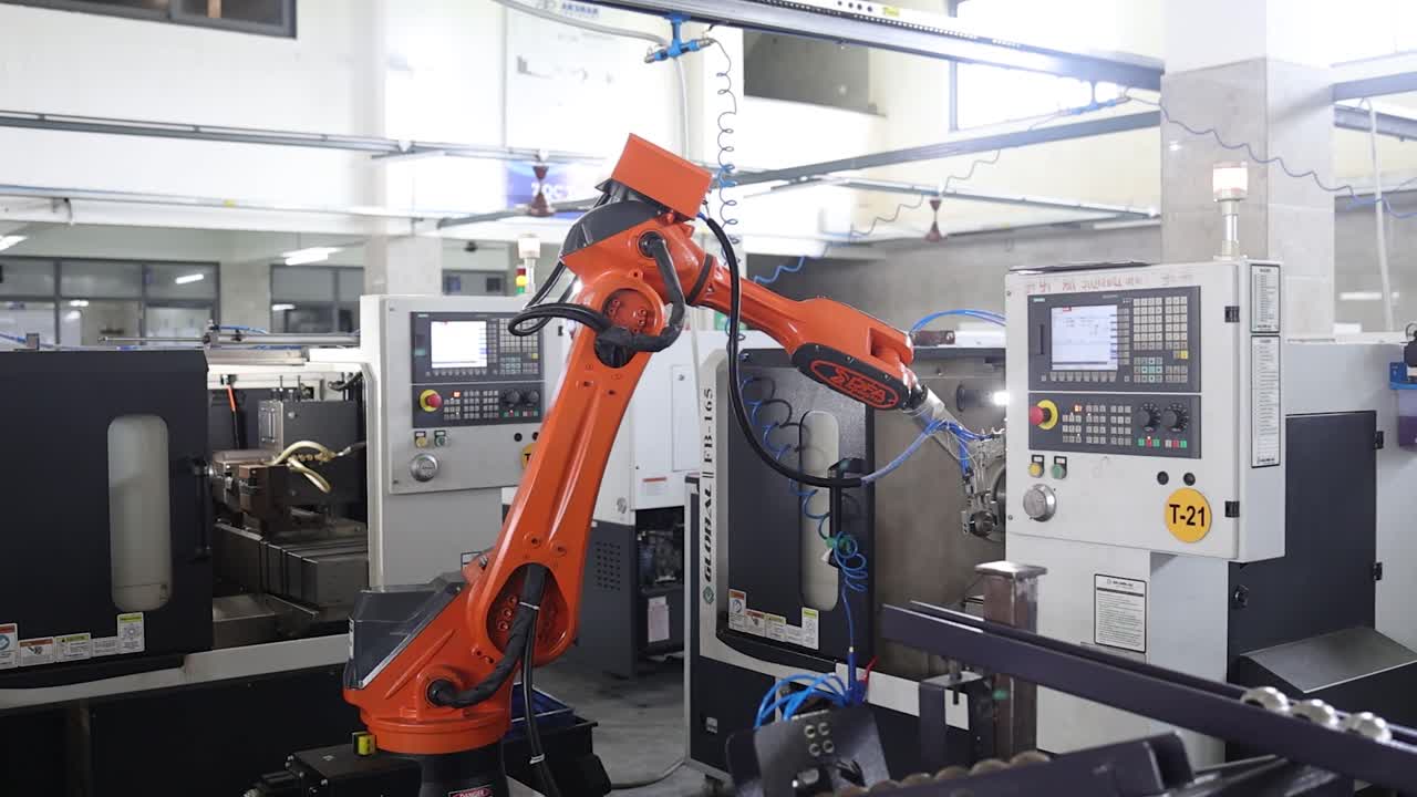 robotic arm working with metal parts in the factory, Industry 5.0, industrial 4.0 concept
