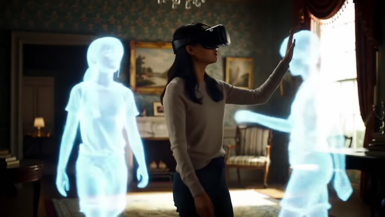 Immersive Virtual Reality Interaction: A User Engages with Holographic Avatars in a Lively, Historical Room Environment Expanded by Advanced Technology