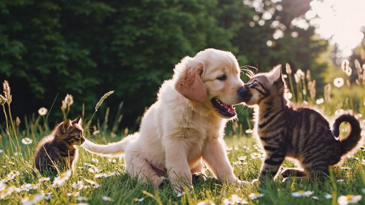 A playful puppy and kitten frolic in a sunlit meadow. Captured from a low angle, this video