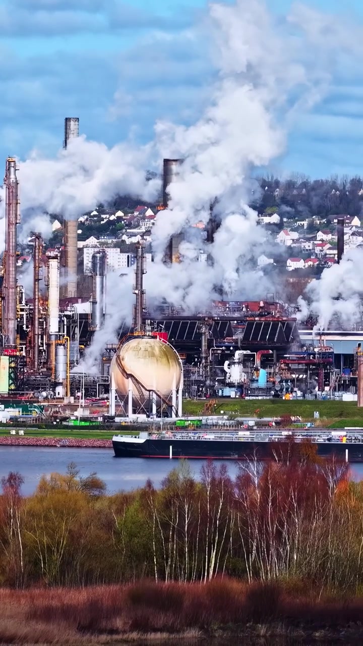 Grande complesso di raffineria industriale con serbatoi di stoccaggio sferici, verticali.