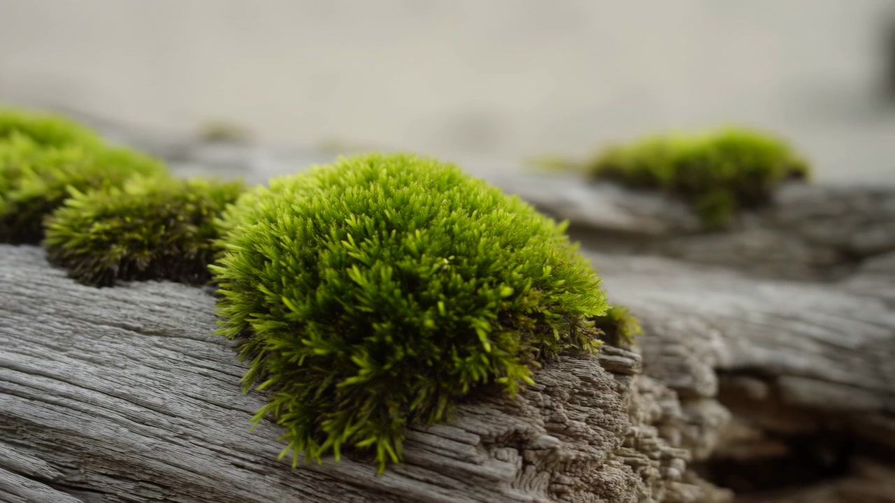 Un primo piano ravvicinato dal basso mostra ciuffi di muschio verde brillante che coprono legno grigio molto stagionato, con luce soffusa e diffusa, profondità di campo ridotta, texture naturale e dettagli organici e calmi