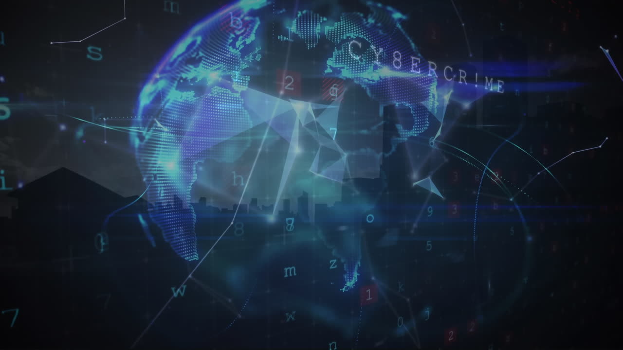 Animation of warning text and data processing over globe