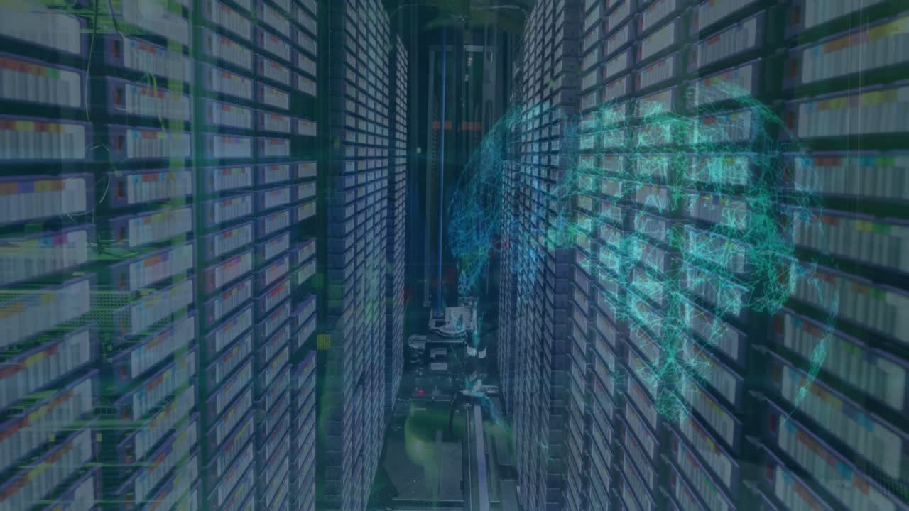 Animation of data processing over spinning globe against computer server room